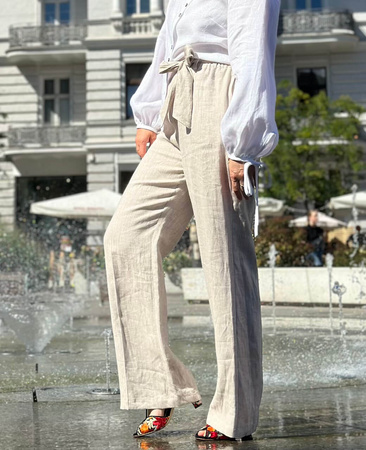 Lniane spodnie z wysokim stanem i paskiem 