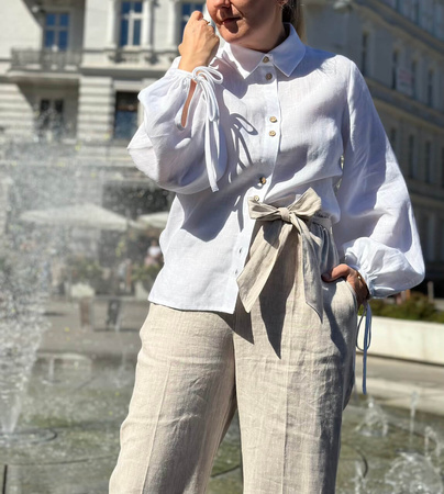 Lniane spodnie z wysokim stanem i paskiem 