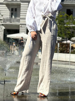 Lniane spodnie z wysokim stanem i paskiem 